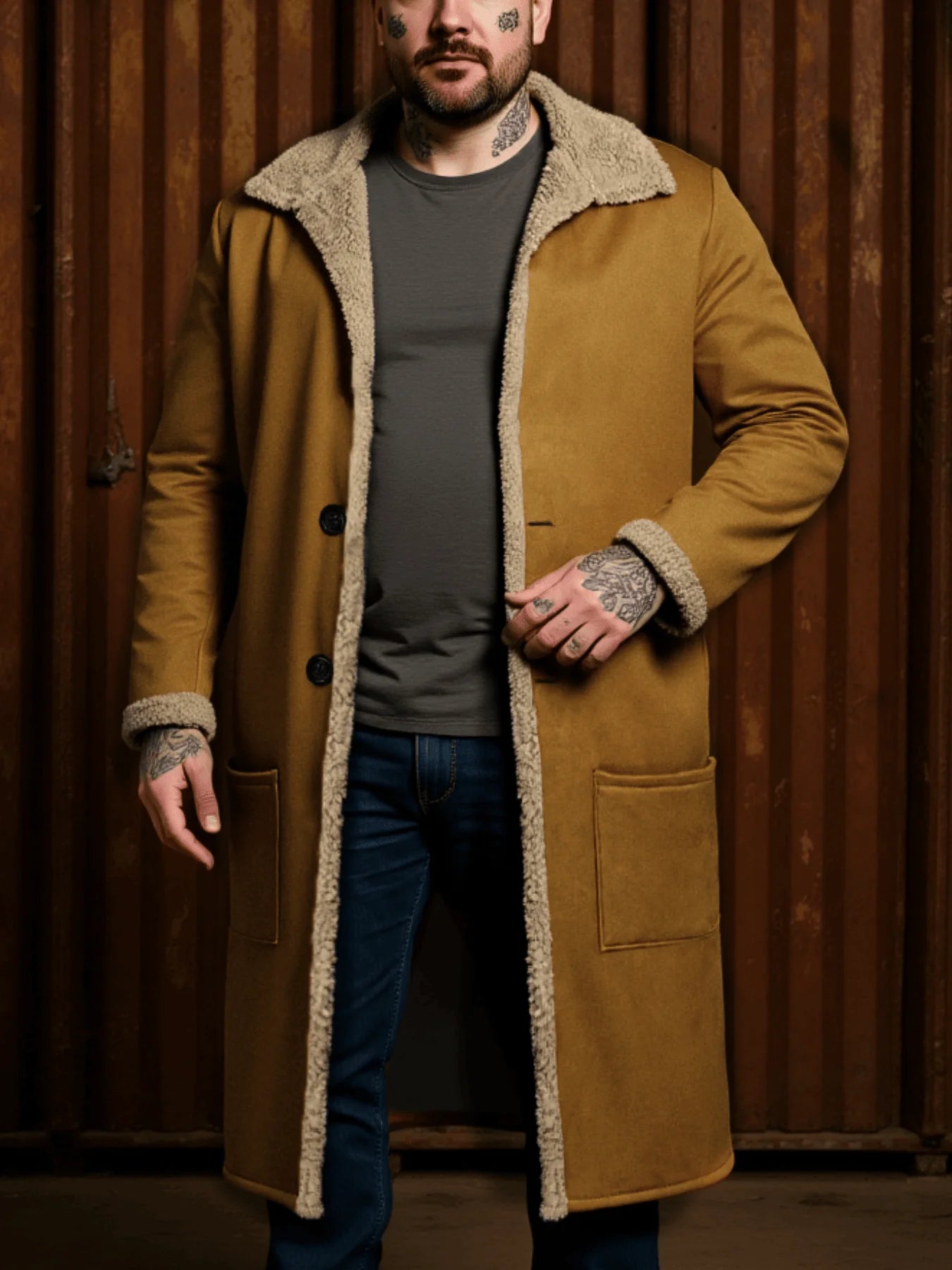 Winter Men's Faux Fur Casual Coat, Thickened Button Closed Lapel Overcoat Cotton-Padded Jacket Warm And Windproof Men's Clothes