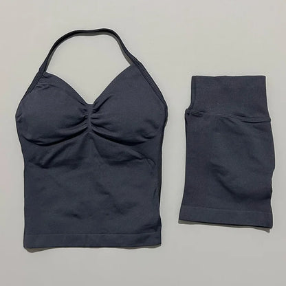 HISTELLO 2 Pieces Sports Set Women Yoga Longline Strap Top Scrunch Seamless Shorts Sport Gym Set Sportswear Workout Fitness Set