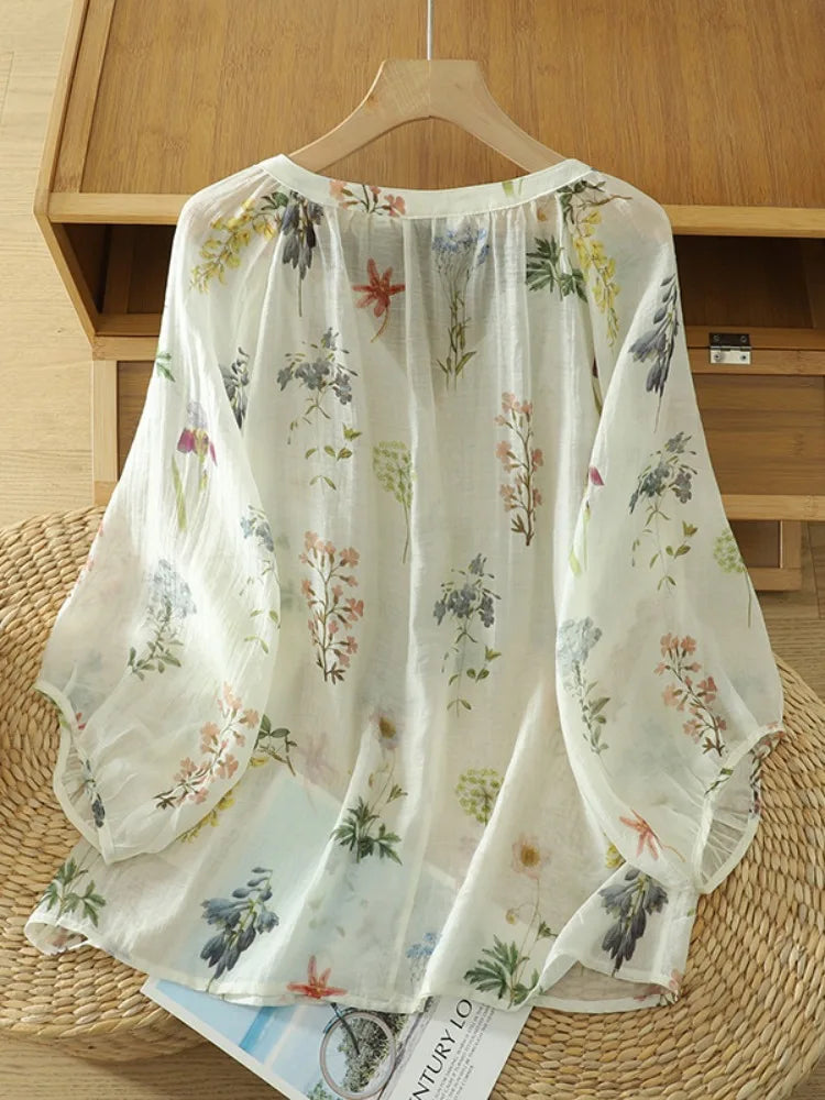 Lightweight Summer Floral Cotton Linen Shirt Loose Lantern Sleeve Women's Top plus Size V-Neck Short Sleeve Printed Blouse