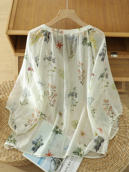 Lightweight Summer Floral Cotton Linen Shirt Loose Lantern Sleeve Women's Top plus Size V-Neck Short Sleeve Printed Blouse