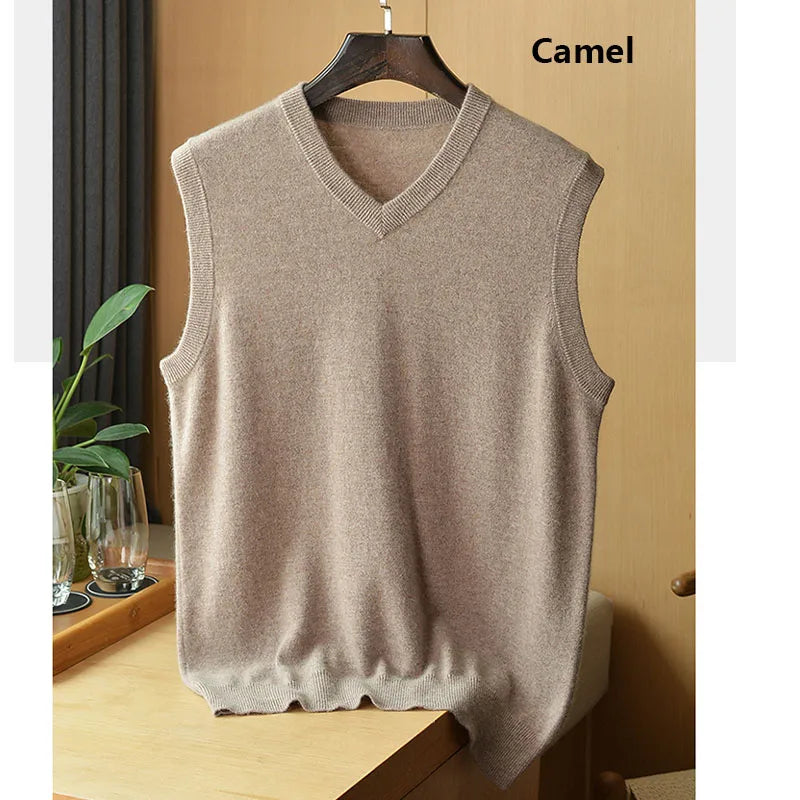 Autumn and Winter Men 100% Cashmere T-shirt V-neck Vest Simple Generous Wool Jumper Blue Soft Skin Breathable Men's Clothing