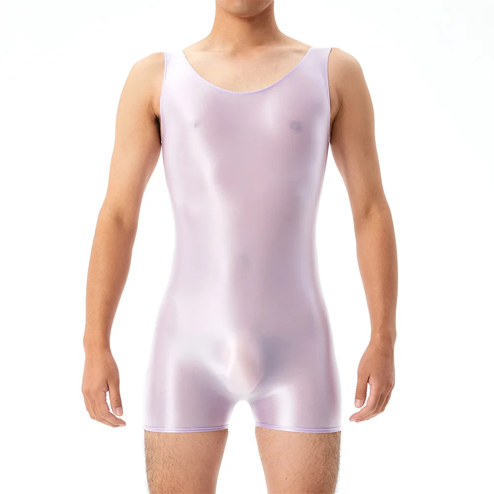 Oil Shiny Glossy Bodysuits Seamless Front Pouch Tights Body Man Sexy Transparent Waist Shapers Men Playsuit Sleeveless Bodysuit