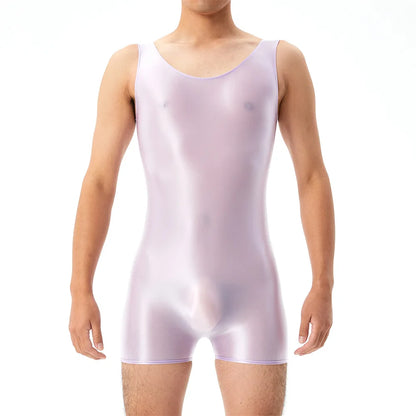 Oil Shiny Glossy Bodysuits Seamless Front Pouch Tights Body Man Sexy Transparent Waist Shapers Men Playsuit Sleeveless Bodysuit