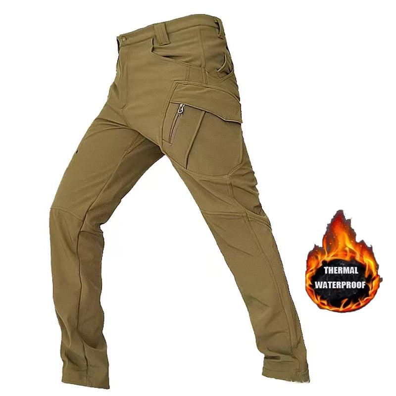 Men's Tactical Softshell Pants Fleece Autumn Winter Cargo Trousers Military Combat Hiking Camping Climbing Casual Sportswear
