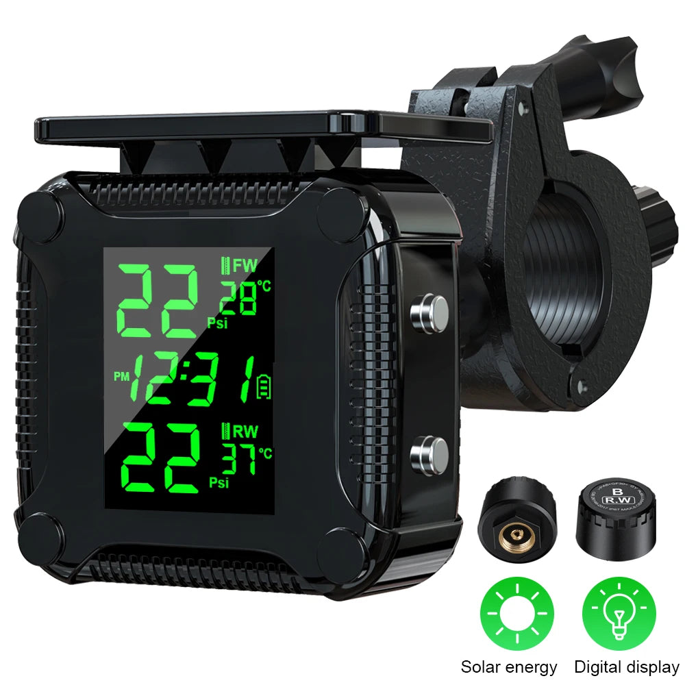 Powstation TPMS Wireless Motorcycle Tire Pressure Monitoring System Solar Charge Tyre Temperature Alarm System Colorful Display