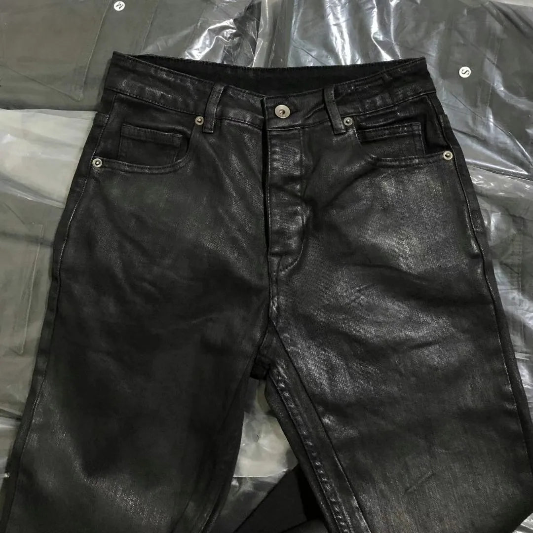 High Street Dark RO Denim Pants Men's Youth Leisure Coating Wax Surface Slim Fit Small Leg Denim Pant Streetwear Retro