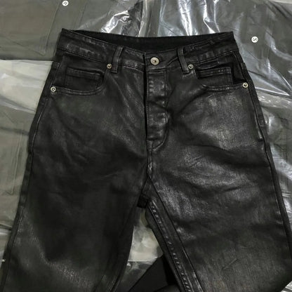 High Street Dark RO Denim Pants Men's Youth Leisure Coating Wax Surface Slim Fit Small Leg Denim Pant Streetwear Retro