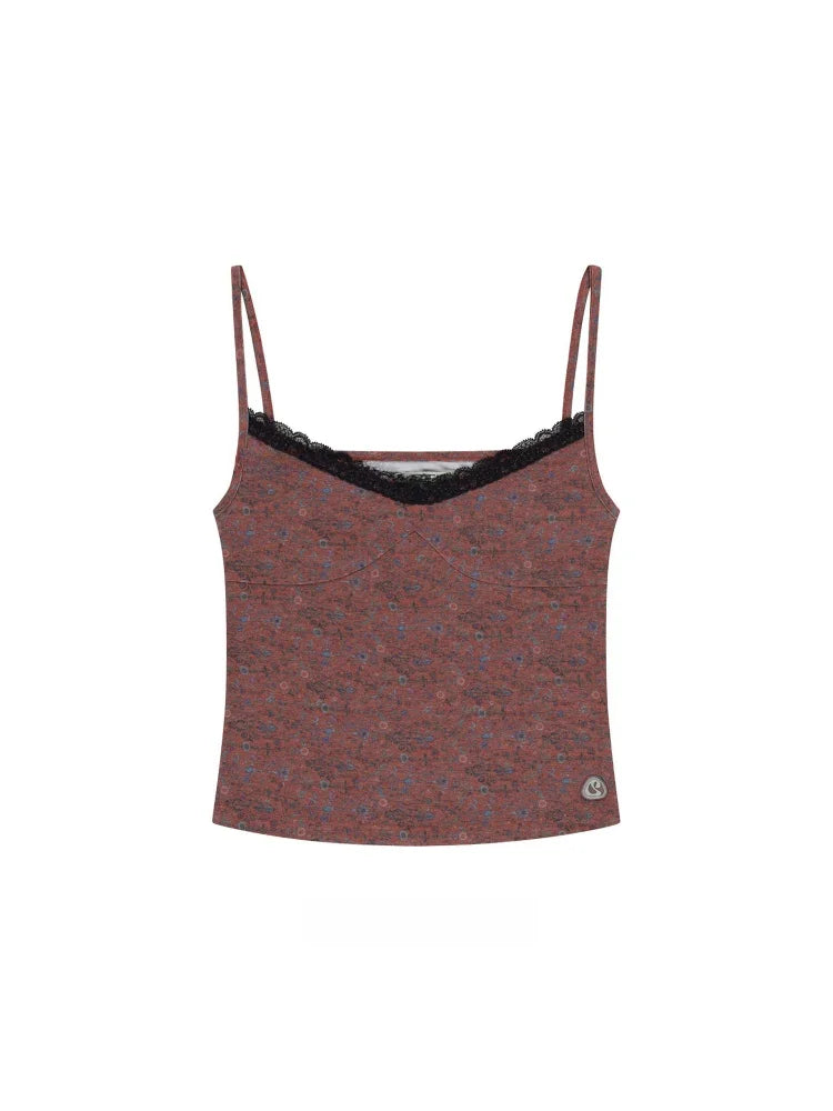 Street Style Sweet Floral Lace Trim Short Strap Vest Top Unique SEI Summer Pure Desire Sexy Floral Print Camisole for Women