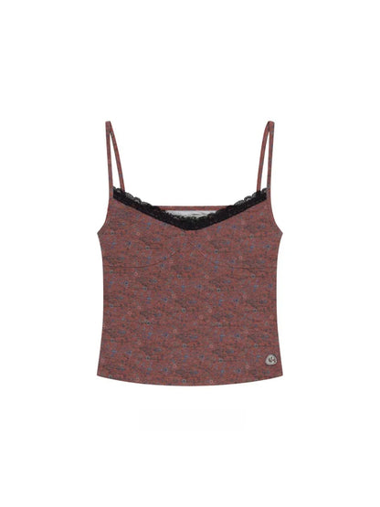 Street Style Sweet Floral Lace Trim Short Strap Vest Top Unique SEI Summer Pure Desire Sexy Floral Print Camisole for Women