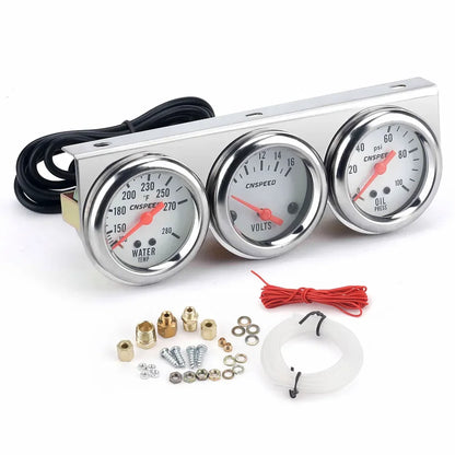 2" 52mm Chrome Panel Oil Pressure Water Temp Amps Triple Gauge Set Black white Face Volt meter