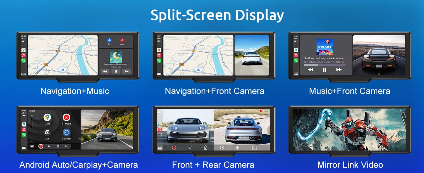 10.26" 4K 64GB Dash Cam Touch Screen Car Stereo Rearview Wireless Apple Carplay Android Auto Dual Len Recorder Dashboard