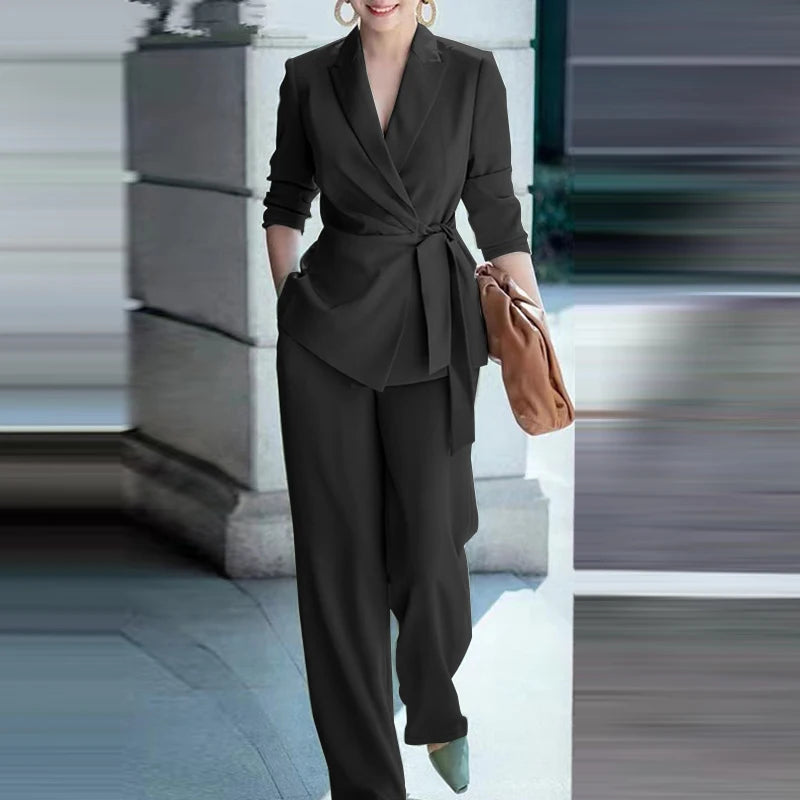 ZANZEA Classy Office Lady Blazer Suits Elegant Women Tied Waist Top and Pant 2pcs Outfit 2025 Trend Streetwear Commute Pant Sets