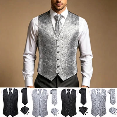 4Pcs Men Formal V-Neck Vest Kit Waistcoat Tie Handkerchief & Cufflinks for Occasions