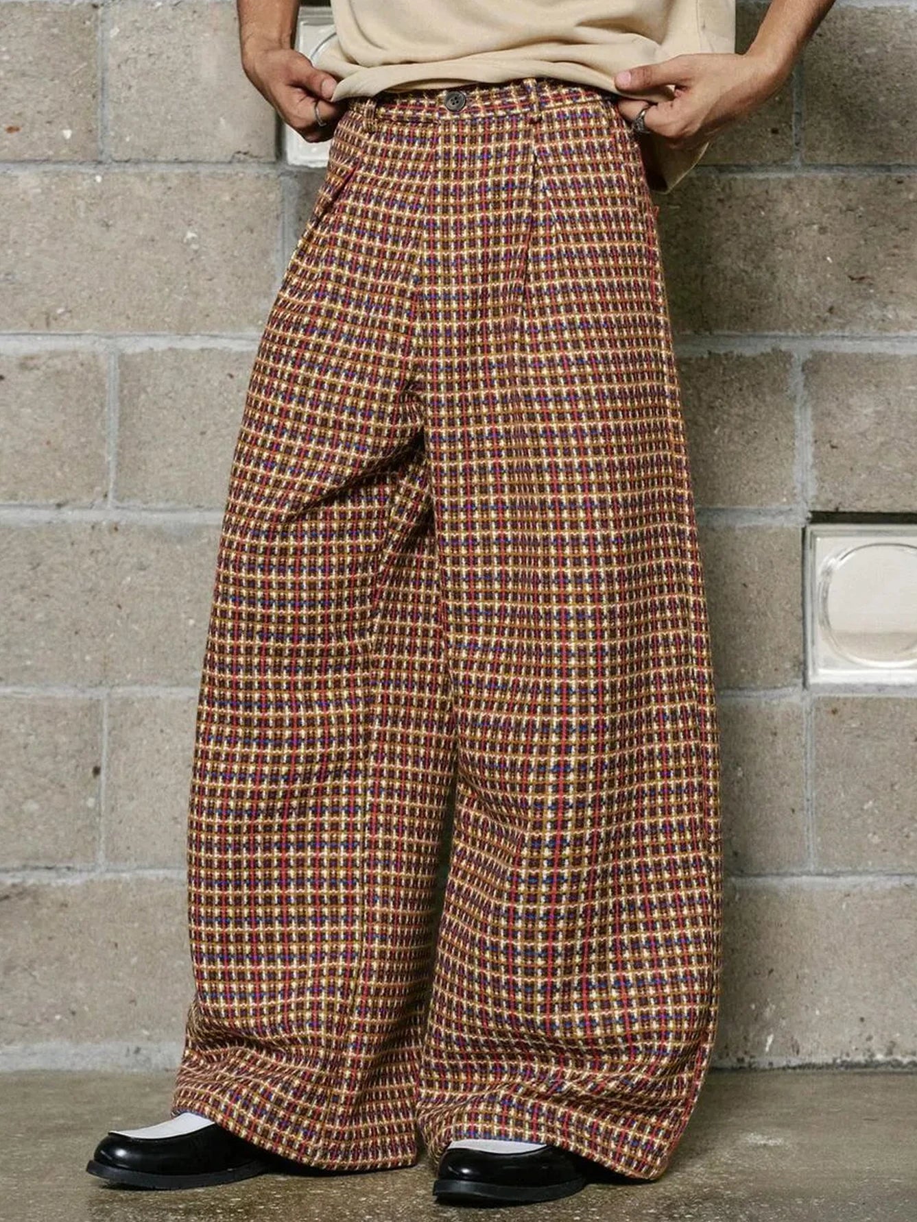 2026 SS Jacquard Plaid Woven Men Pants, Pleated Design, Zipper Fly, Cross Pockets,Loose Straight Wide Leg Commuter Suit Pants
