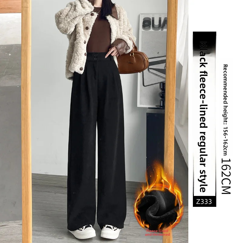 White Corduroy Wide Leg Pants Women's Autumn Winter Slim Straight Drapey Small Size Fleece Lined Suit Trousers