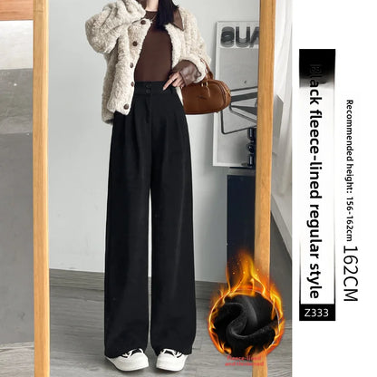 White Corduroy Wide Leg Pants Women's Autumn Winter Slim Straight Drapey Small Size Fleece Lined Suit Trousers