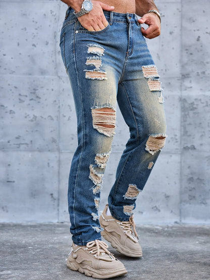 Men Denim Jeans Pants Clothing Trousers Men's Vintage Washed Ripped Straight Leg Denim Jeans