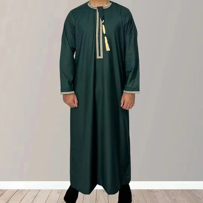 Large Loose Muslim Men's Round Neck Embroidered Robe Comfortable And Breathable Solid Color Long Style