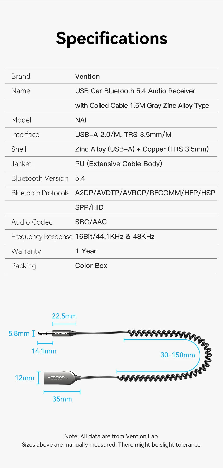 Vention Aux Bluetooth Receiver USB Bluetooth 5.4 Adapter For Car 3.5mm Jack Speaker Auto Handfree Car Audio Music Transmitter