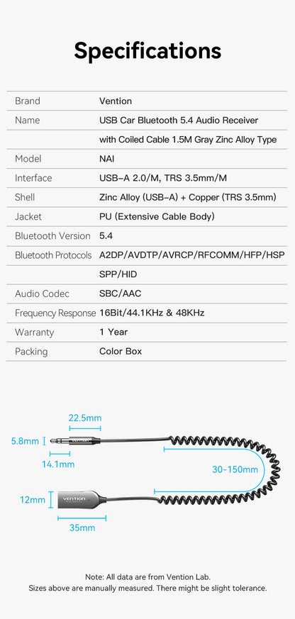 Vention Aux Bluetooth Receiver USB Bluetooth 5.4 Adapter For Car 3.5mm Jack Speaker Auto Handfree Car Audio Music Transmitter