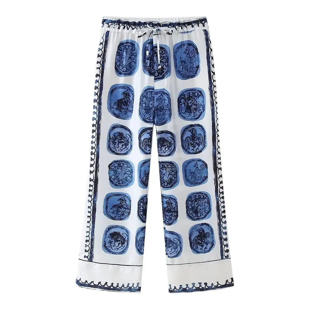 KONDALA Vintage Casual Print Women Suit Single Breasted V Neck Shirts+Loose Wide Leg Long Pants Fashion 2024 Autumn Women Sets