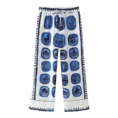 KONDALA Vintage Casual Print Women Suit Single Breasted V Neck Shirts+Loose Wide Leg Long Pants Fashion 2024 Autumn Women Sets