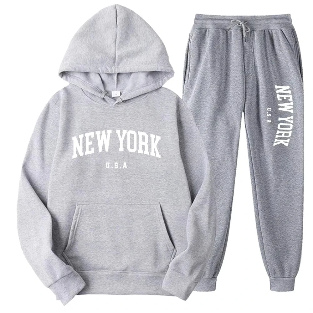 New York Print Hoodies Casual American Style Hoodie Set Mens Autumn Long Sleeves Hooded Loose Pullover Street Sweatshirt