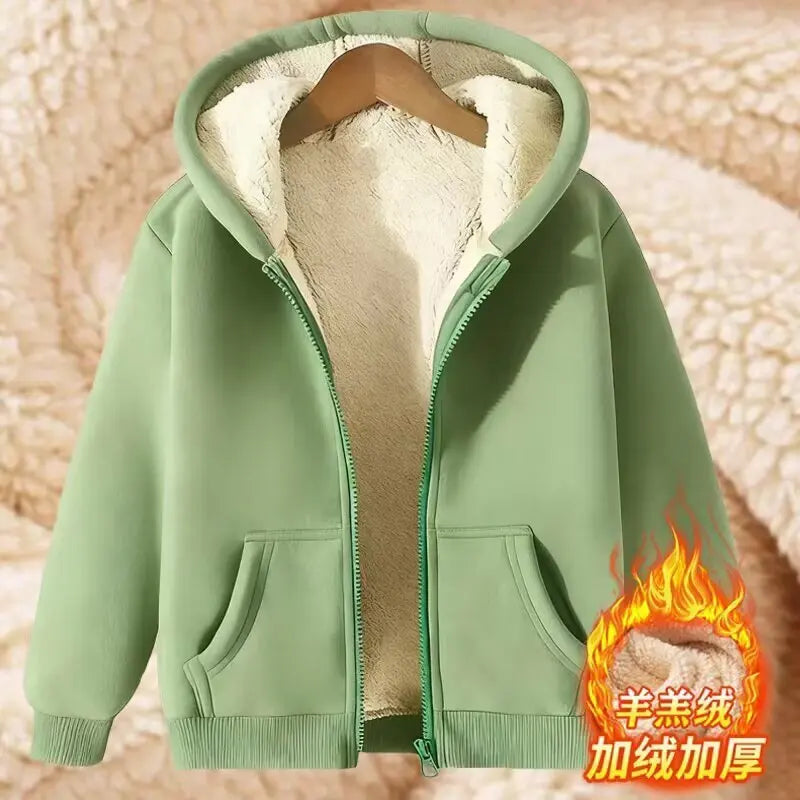 Ladies Large Size American Style Lamb Velvet Hoodie Zipper Cardigan Outerwear Autumn Winter Thickened Long Sleeve Casual Wear