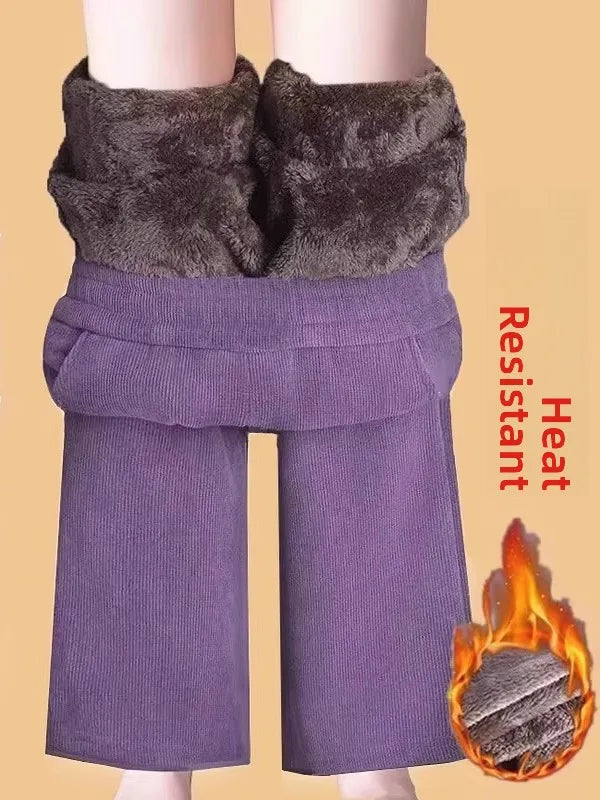Thickened Fleece Lined Corduroy Straight Leg Casual Pants Women's High Waist Elastic Waist Warm Trousers Autumn Winter New Style