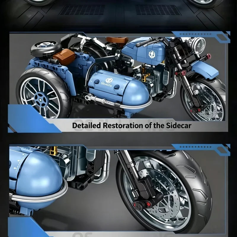 Classic Sidecar Motorcycle Building Blocks, High Reduction Vintage Trike Model Kit, Creative Assembly Toy for Adult Builders