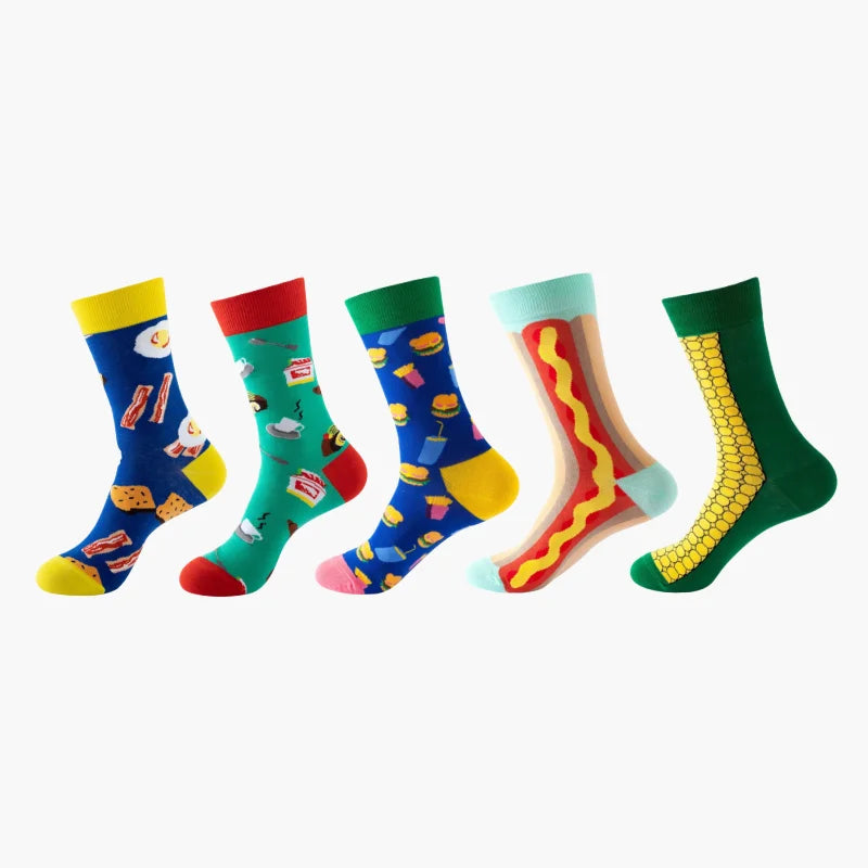 5 Pairs Fruit Print Socks Mid-Calf Funny Food Design Pineapple Watermelon Cotton Socks for Men Women Couple EU 37-45 US 6-12