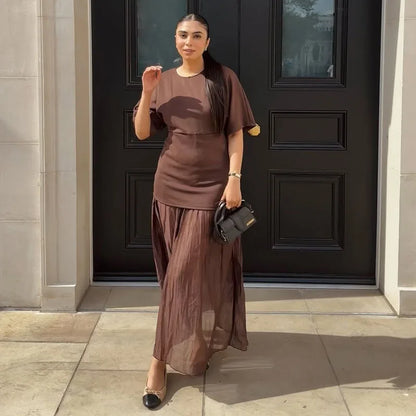 HXAO One Piece Women's Summer Dress Long Knitted Elegant Party Dresses Splicing Pleats Chiffon Short-Sleeved Casual Female Dress
