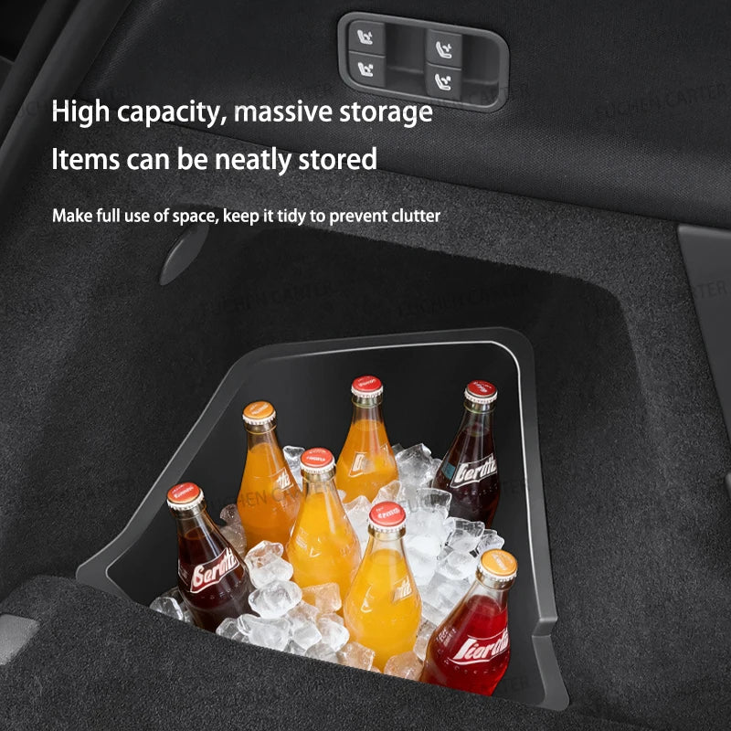 For Tesla NEW Model YL 2026 Rear Trunk Side Storage Box Cargo Organizer TPE Bin Box Flocking Mat Partition Board Accessories
