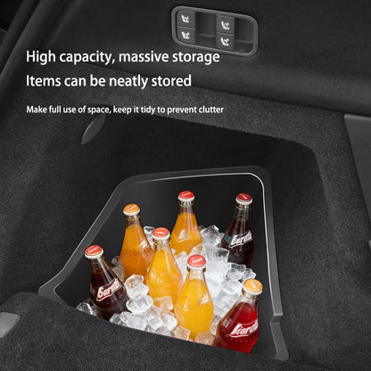 For Tesla NEW Model YL 2026 Rear Trunk Side Storage Box Cargo Organizer TPE Bin Box Flocking Mat Partition Board Accessories