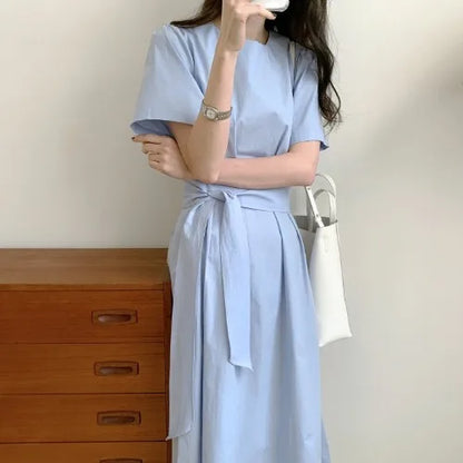 Elegant Pure Color Slim Fit Dress with Belt High Waist Spring Summer Autumn Short Sleeve Casual High Waist Skirt