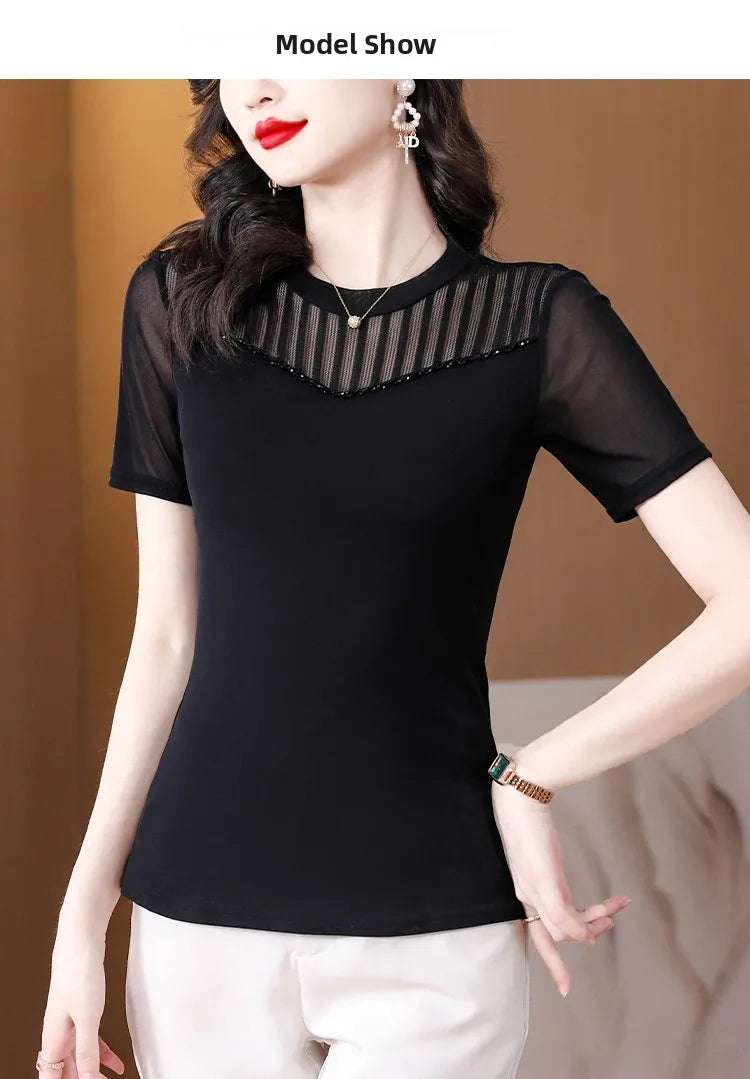 Lace Short Sleeve Slim Fit T-Shirt Women's Summer New Netting Thin Style round Neck Regular Length Pure Color Commute Style
