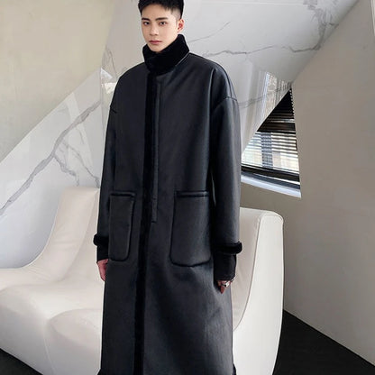 New Faux Fur-Lined Trendy Warm Winter Men's Coat Faux Fur Jacket  Fleece Lining Thickened Long Trench Coat Faux Leather Jacket
