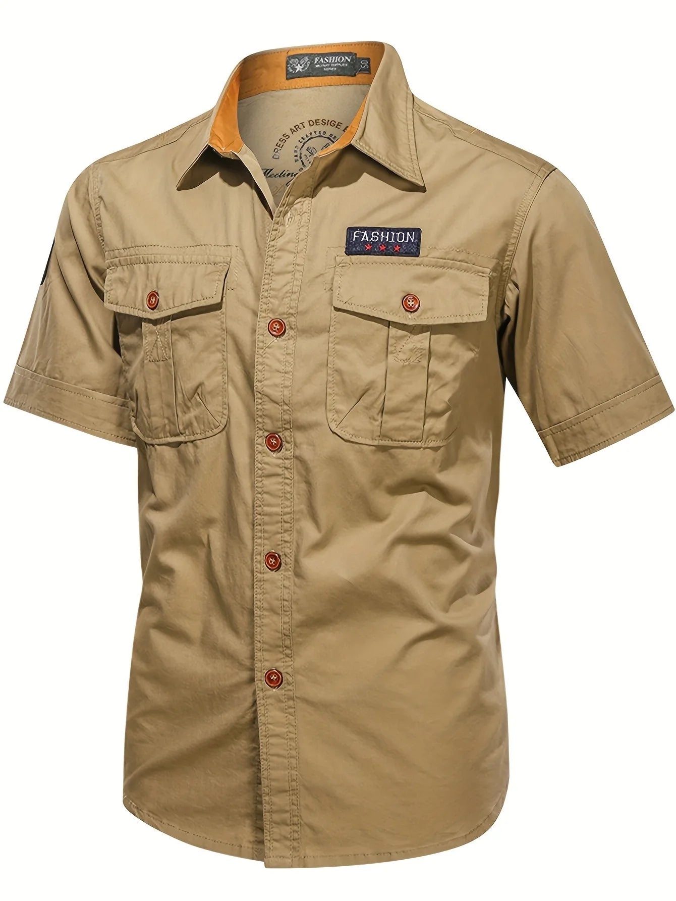 Men's military-style short-sleeved shirt, 100% cotton, multi-pocket design, lightweight and comfortable
