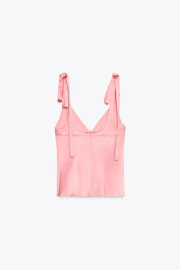 Summer New Women's Simple Style V-neck Sleeveless  Knot Decorated Silk Satin Feel Strap Top Original Design Slim Fit