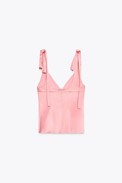 Summer New Women's Simple Style V-neck Sleeveless  Knot Decorated Silk Satin Feel Strap Top Original Design Slim Fit