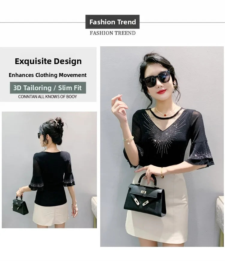 Sexy Hollow out Mesh Seven Quarter Sleeve Fashion Trend Summer T-Shirt Women Slimming Versatile Top Half Sleeve Small Shirt