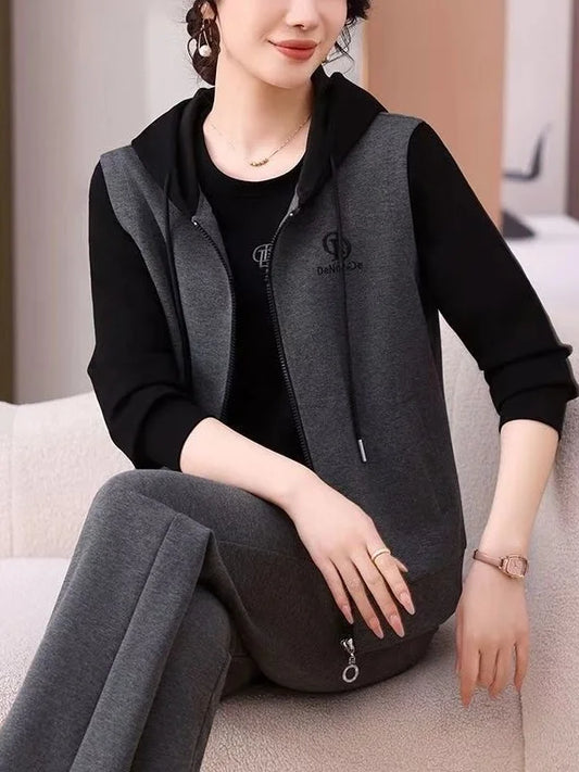 Casual Sporty Three-Piece Set for Middle-Aged And Elderly Women Loose Fit Mom Hoodie Vest Fashionable And Comfortable