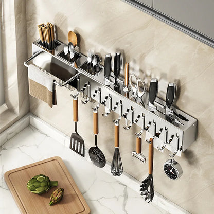 Stainless Steel Kitchen Knife Holder Wall Mounted No Drilling Multi-Function Chopsticks And Kitchen Knife Storage Rack