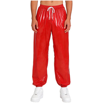Mens Shiny Waterproof Jogging Pants Y2K Drawstring Elastic Waistband Side Pockets Track Baggy Glossy Pants Hip Hop Trousers