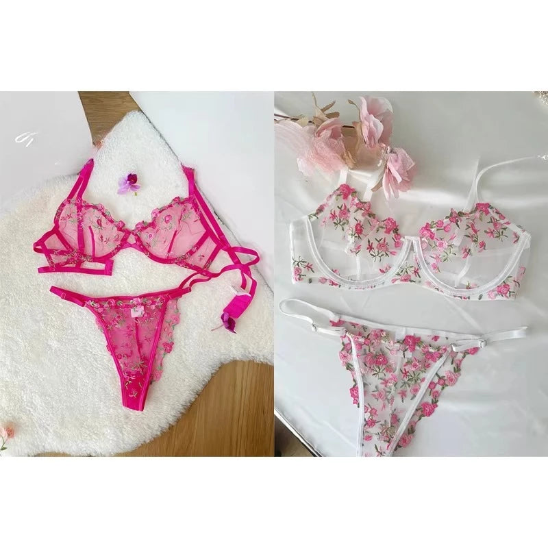 Sweet Sexy Lace Lingerie Set, Floral Embroidery Sheer Mesh, Thin Cooling, Big Bust Relief, Japanese Daily Women Underwear 32-38