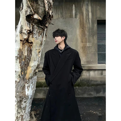 Thickened Shoulder Pad Knee-Length Woolen Coat Winter Men's Korean Style British Neapolitan Windbreaker Long Sleeve Double-Br...