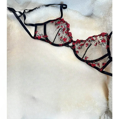 Sexy Floral Embroidery Mesh Bra Set Sweet Sheer Lace Lingerie Soft Comfort Breathable Underwear Suit Party Dating Daily Wear Bra