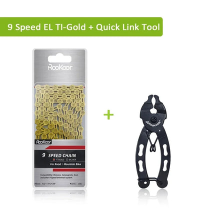 Rookoor Bicycle Chain 6 7 8 9 10 11 Speed Velocidade Titanium Plated TI Gold Silver Mountain Road Bike MTB Chains Part 116 Links