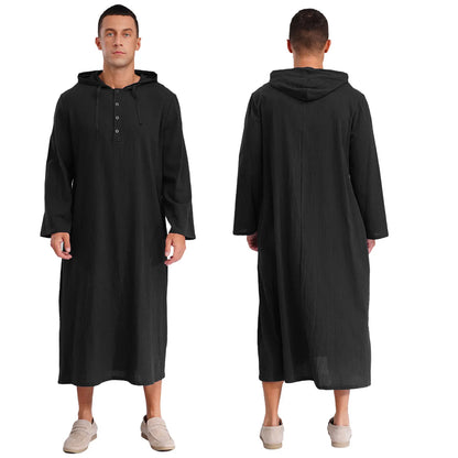 Mens Jubba Thobes Linen Muslim Robe Hooded with Pockets Middle East Islam Arabic Moroccan Kaftan Eid Prayer Long Robe Dress