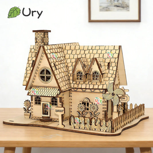 Ury 3D Wooden Puzzle Rural Cabin City Two-story Villa Handmade Assembly House Model DIY Toy Decoration Christmas Gift